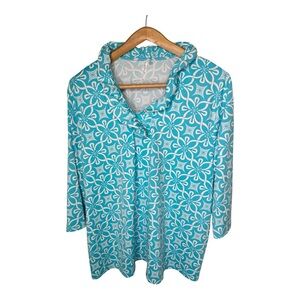Lulu B Ruffle Neck Top Size 3X Turquoise White Geometric Floral 3/4 Sleeves
